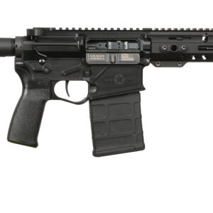 Black semi-automatic rifle shown in profile with a collapsible stock, pistol grip, magazine, and long quad-rail handguard