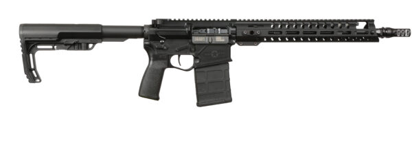 Black semi-automatic rifle shown in profile with a collapsible stock, pistol grip, magazine, and long quad-rail handguard