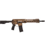 Tan semi-automatic rifle with adjustable stock, black grip and long perforated handguard