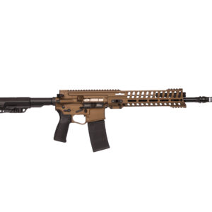 Tan semi-automatic rifle with adjustable stock, black grip and long perforated handguard