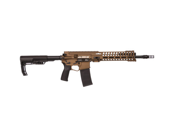 Tan semi-automatic rifle with adjustable stock, black grip and long perforated handguard