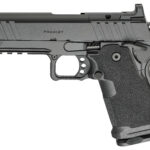 Side view of a gray semi-automatic pistol with a textured grip, serrated slide, and 'PRODIGY' marking on the slide.