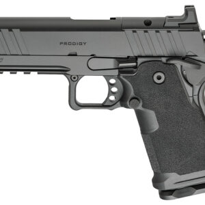 Side view of a gray semi-automatic pistol with a textured grip, serrated slide, and 'PRODIGY' marking on the slide.