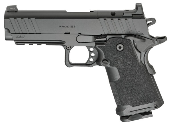 Side view of a gray semi-automatic pistol with a textured grip, serrated slide, and 'PRODIGY' marking on the slide.