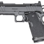 Side view of a gray and black semi-automatic pistol with a textured grip and 'PRODIGY' on the slide.