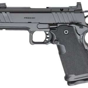 Side view of a gray and black semi-automatic pistol with a textured grip and 'PRODIGY' on the slide.