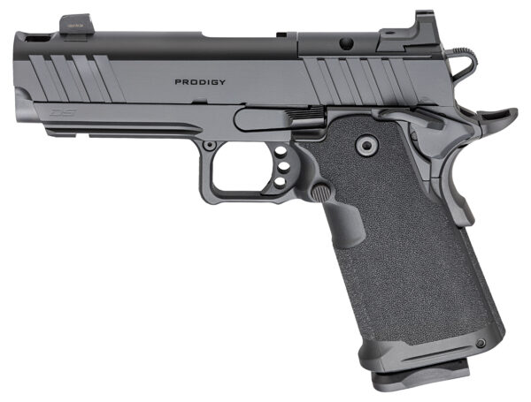 Side view of a gray and black semi-automatic pistol with a textured grip and 'PRODIGY' on the slide.