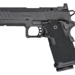 Side view of a semi-automatic pistol with a gray slide and black textured grip (Prodigy branding).