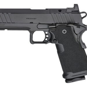 Side view of a semi-automatic pistol with a gray slide and black textured grip (Prodigy branding).