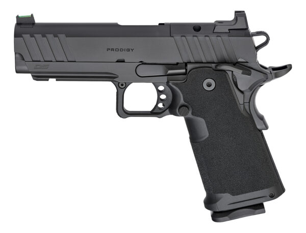 Side view of a semi-automatic pistol with a gray slide and black textured grip (Prodigy branding).