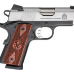 Side view of a stainless steel semi-automatic pistol with brown checkered wooden grip and Springfield Armory branding