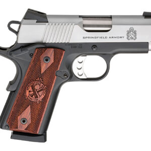 Side view of a stainless steel semi-automatic pistol with brown checkered wooden grip and Springfield Armory branding