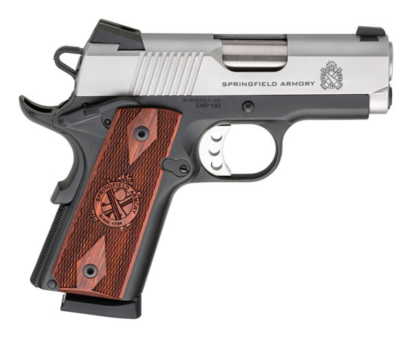 Side view of a stainless steel semi-automatic pistol with brown checkered wooden grip and Springfield Armory branding