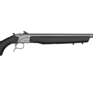 Side profile of a modern bolt-action hunting rifle with a black stock and silver receiver.