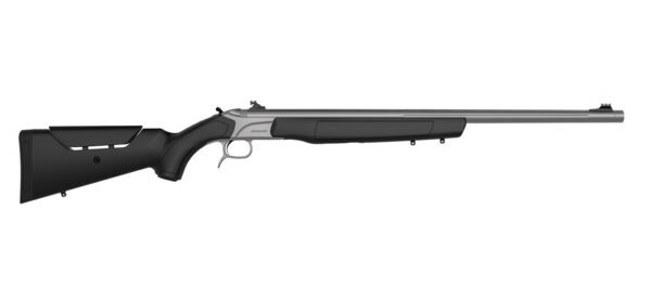 Side profile of a modern bolt-action hunting rifle with a black stock and silver receiver.