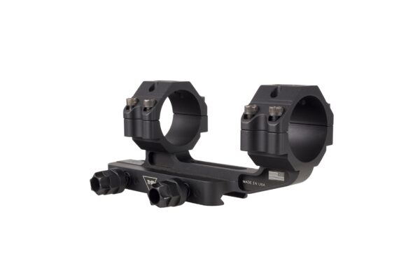Black dual-ring rifle scope mount with a central base and clamping rings for optics installation - made in USA