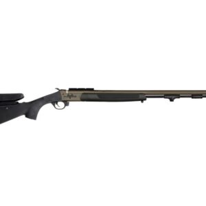 Long-barrel shotgun shown in side view with black synthetic stock and beige receiver/fore-end.