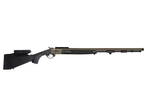 Long-barrel shotgun shown in side view with black synthetic stock and beige receiver/fore-end.