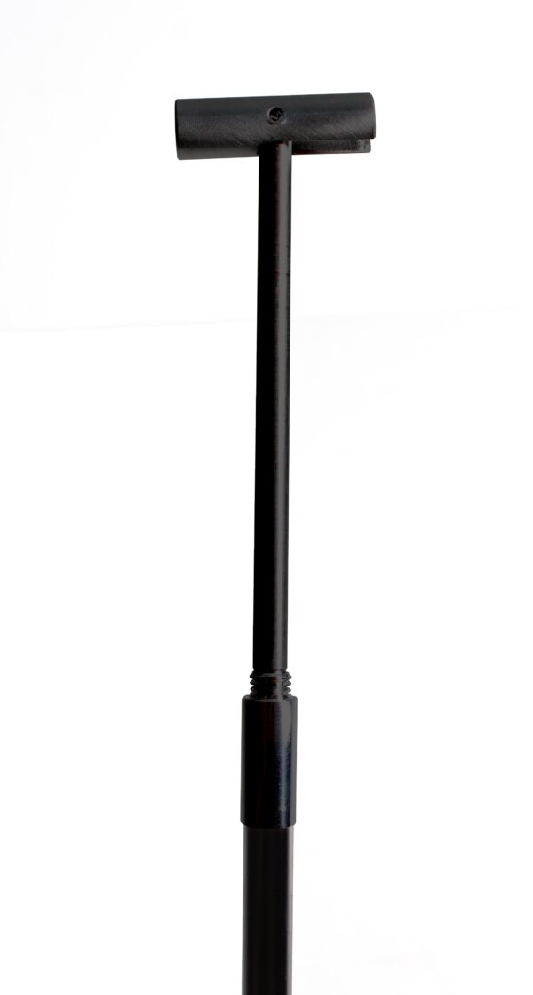 Black microphone stand with a horizontal top bar, set against a white background.