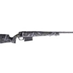 Camouflage-pattern bolt-action rifle with a long barrel and detachable magazine, shown in side view.