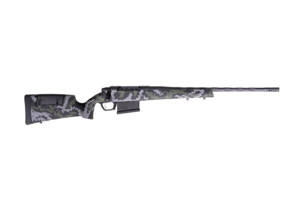 Camouflage-pattern bolt-action rifle with a long barrel and detachable magazine, shown in side view.