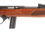 Bolt-action rifle with polished wooden stock and long barrel shown in profile