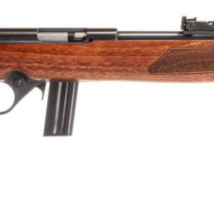 Bolt-action rifle with polished wooden stock and long barrel shown in profile