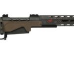 Bolt-action precision rifle with an adjustable stock, brown receiver, and long vented handguard ending in a threaded muzzle cap.