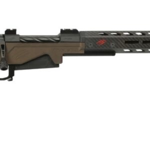Bolt-action precision rifle with an adjustable stock, brown receiver, and long vented handguard ending in a threaded muzzle cap.