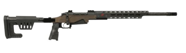 Bolt-action precision rifle with an adjustable stock, brown receiver, and long vented handguard ending in a threaded muzzle cap.