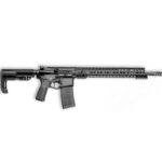 Black AR-style rifle with collapsible stock and long rail handguard, magazine inserted.45 words