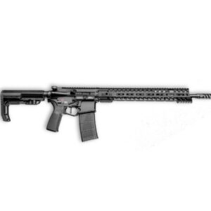 Black AR-style rifle with collapsible stock and long rail handguard, magazine inserted.45 words