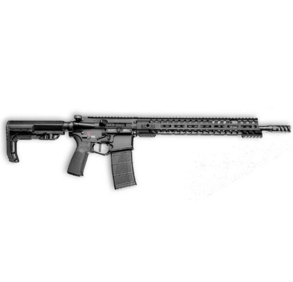 Black AR-style rifle with collapsible stock and long rail handguard, magazine inserted.45 words