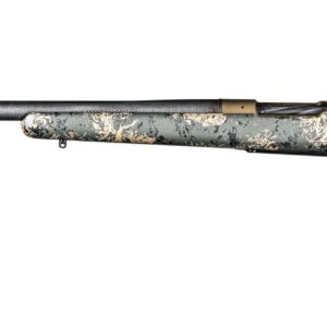 Camouflage-pattern bolt-action hunting rifle with a long barrel and a dark stock, laid out horizontally.