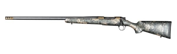 Camouflage-pattern bolt-action hunting rifle with a long barrel and a dark stock, laid out horizontally.