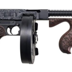 Decorative firearm: long-barreled submachine gun with carved wooden stock and grip, and a drum magazine attached.