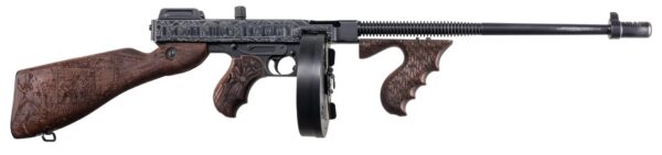 Decorative firearm: long-barreled submachine gun with carved wooden stock and grip, and a drum magazine attached.