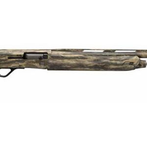 Camouflage-pattern hunting rifle with a wooden stock and long barrel, laid horizontally.