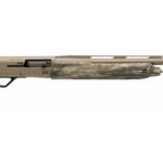 Camouflage hunting rifle with a long tan barrel shown in profile view.