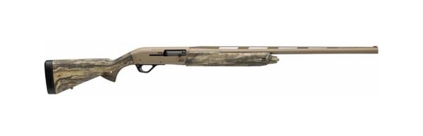 Camouflage hunting rifle with a long tan barrel shown in profile view.