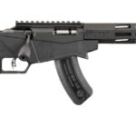 Black semi-automatic rifle with adjustable stock, pistol grip, AR-style receiver, and long vented handguard with a mounted muzzle device