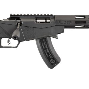Black semi-automatic rifle with adjustable stock, pistol grip, AR-style receiver, and long vented handguard with a mounted muzzle device
