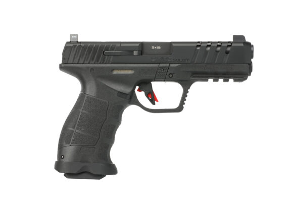 Side view of a black semi-automatic pistol with textured grip and rail system