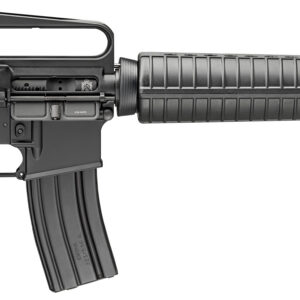 Side profile of a black semi-automatic rifle (AR-style) with a ribbed handguard and detachable magazine