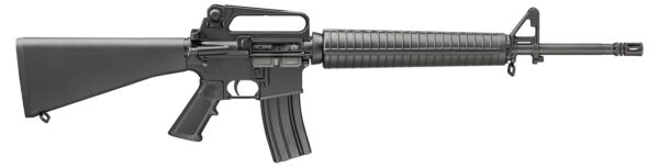 Side profile of a black semi-automatic rifle (AR-style) with a ribbed handguard and detachable magazine