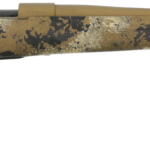Desert camouflage bolt-action rifle shown in profile with a long tan barrel and black trigger guard.