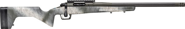 Bolt-action sniper rifle in gray cracked-camo finish with bolt handle, scope rail, and perforated muzzle brake.