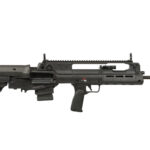 Horizontal side view of a modern black assault rifle with a long upper rail and attached stock, grip, and barrel.