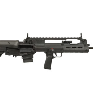 Horizontal side view of a modern black assault rifle with a long upper rail and attached stock, grip, and barrel.