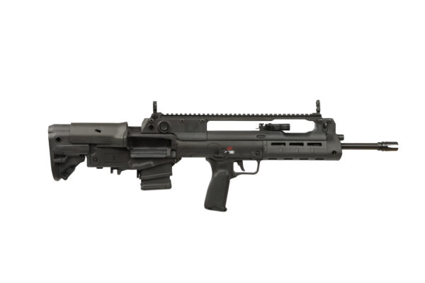 Horizontal side view of a modern black assault rifle with a long upper rail and attached stock, grip, and barrel.